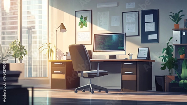 Fototapeta Bright and organized office workspace with modern desk, plants, and computer in sunlight