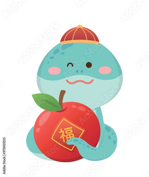 Obraz Playful and cute snake character or mascot with apple, reptile, Chinese lunar new year vector cartoon character, translation: blessing