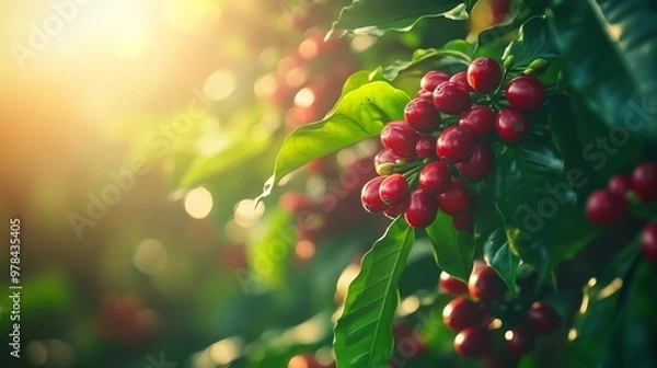 Fototapeta 40. Close-up image of organic red coffee cherries, with detailed textures and bright green leaves, set against the backdrop of a coffee tree plantation