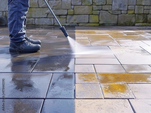 Obraz A person cleaning a stone patio with a pressure washer, removing dirt and stains for a pristine outdoor appearance.