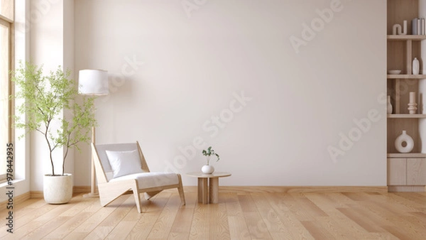 Fototapeta Minimalist living room with white chair and coffee table near floor lamp with plant  ,wood furniture and minimalist decor with white wall background .3d render