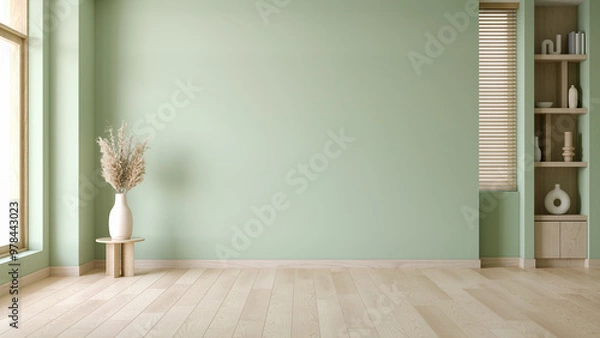 Obraz Empty room ,Minimalist living room With wood furniture and minimalist decorate with green wall background ,3d render
