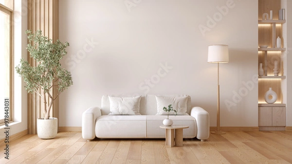 Obraz Minimalist living room with white sofa and coffee table near floor lamp with plant  ,wood furniture and minimalist decor with white wall background .3d render