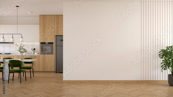 Obraz White  wall mockup with  modern kitchen  and dinning table have contemporary chair with  ceiling lamp and wood floor.3d render