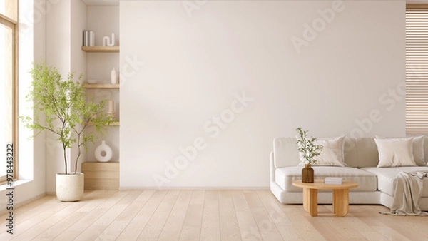 Obraz Minimal living room with modern sofa and coffee table Wooden furniture and minimal decoration with white walls ,3d render