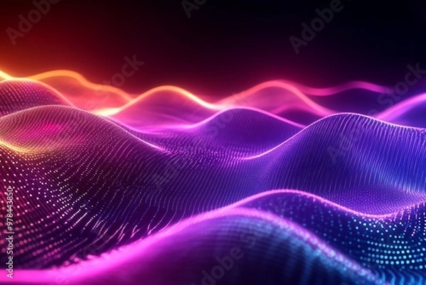 Obraz Abstract digital landscape with flowing neon lines and waves