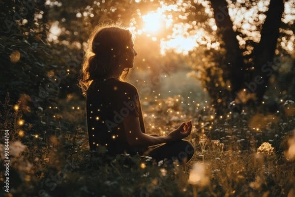 Fototapeta A person sitting cross-legged in a meditative pose, surrounded by nature, with a gentle aura of light symbolizing mindfulness and mental well-being