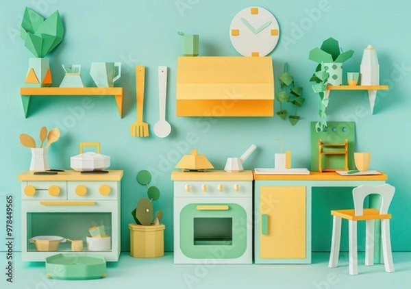 Fototapeta colorful kitchen, modern design, paper cut style, pastel colors, green and yellow, playful decor, home interior, creative concept, bright atmosphere, artistic arrangement
