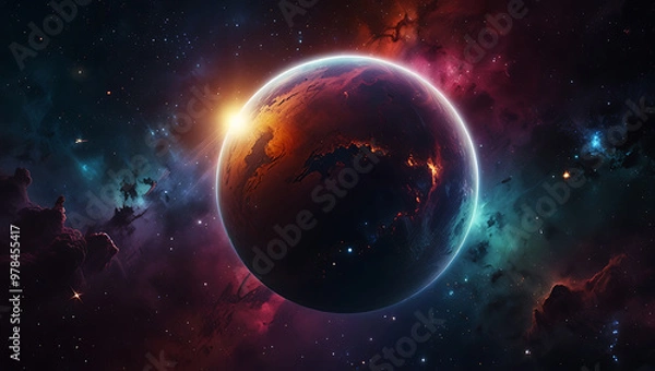Fototapeta A cosmic-themed mobile wallpaper showing a glowing planet surrounded by rings of colorful nebulas and stars. The deep space background gives a sense of vastness and mystery