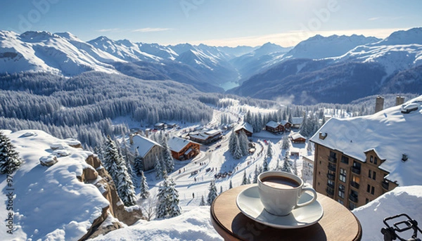 Fototapeta coffee with a view of snow covered mountains and a bustling ski resort in the valley below