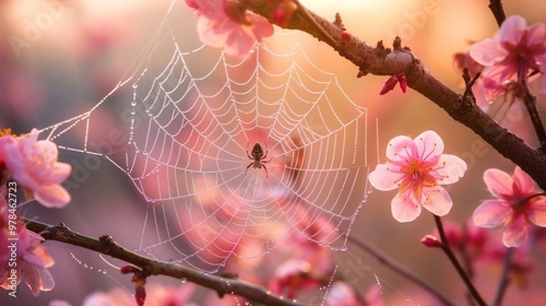Obraz close up to the spider web with the spider in the middle