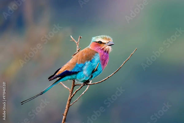 Fototapeta Colorful Lilac-breasted roller bird perched on tree branch