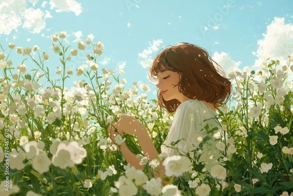 Fototapeta A Tranquil Flower-Picking Scene In A Sun-Drenched Field, With The Gentle Breeze Causing The Flowers To Sway Softly. Cozy Vibe, Generative AI