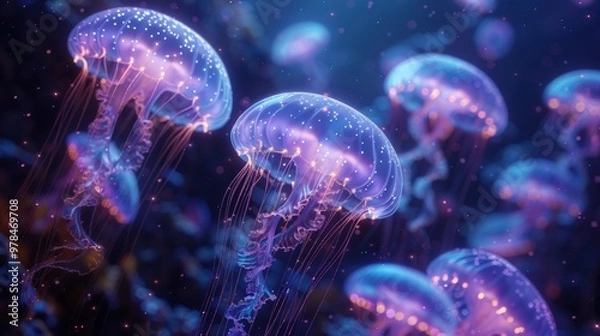Fototapeta A group of bioluminescent jellyfish swim in the deep blue ocean. Their translucent bodies glow with a vibrant pink and purple light, creating a mesmerizing underwater scene.