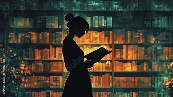 Fototapeta A silhouette of a woman reading in a cozy library, surrounded by glowing bookshelves and a warm atmosphere.