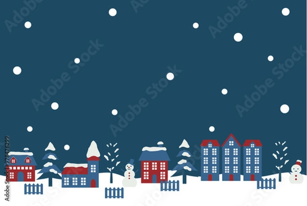 Fototapeta 寒中見舞いはがき、かわいい、イラスト、街並み、冬、雪、横、夜