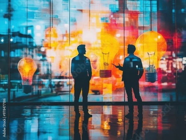 Fototapeta Silhouetted figures engage in dialogue against a colorful digital backdrop, symbolizing creativity and innovation in business.