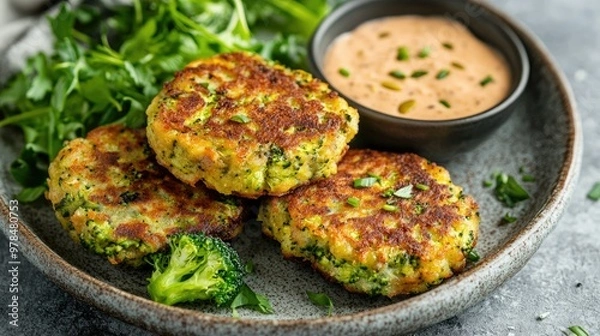Fototapeta Crispy vegan broccoli and zucchini fritters on a rustic plate, served with a side of greens and a light dipping sauce. A balanced and healthy meal perfect for vegan diets