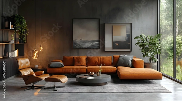 Fototapeta Modern Living Room Design with Orange Leather Sofa, Concrete Walls & Minimalist Decor