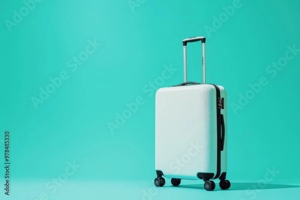 Fototapeta A minimalist suitcase on a turquoise background, symbolizing travel and adventure.