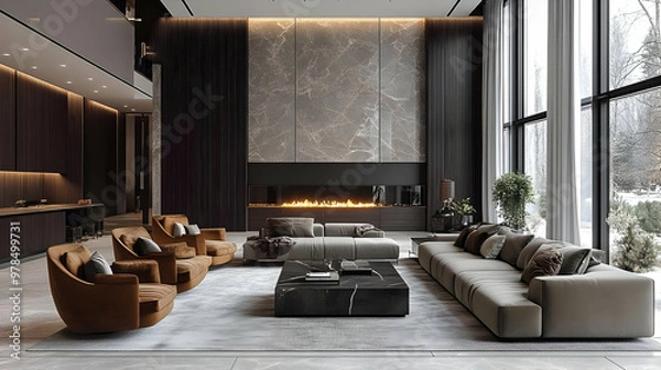 Fototapeta Modern Living Room Design with Fireplace, Large Windows, and Stylish Furniture