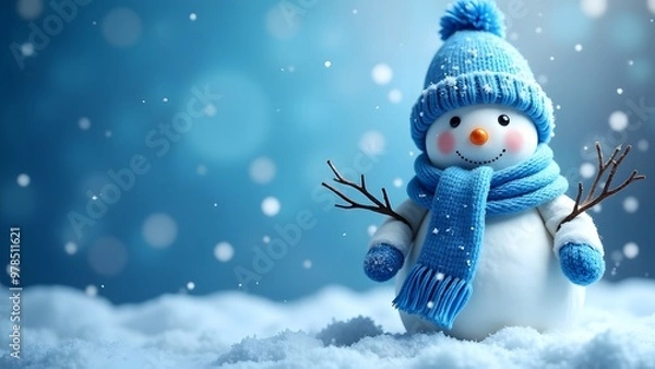 Fototapeta A snowman wearing a blue hat and scarf stands in the snow, with a bright winter sky and falling snowflakes