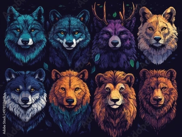 Fototapeta Wolves and a lion posing on galaxy background