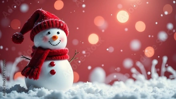 Fototapeta A snowman in a red hat and scarf stands in the snow with glowing bokeh lights in the background during sunset