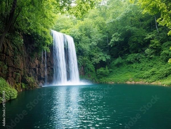 Fototapeta A serene side view of a crystal-clear waterfall cascading into a tranquil lake