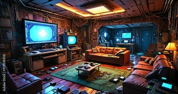 Fototapeta messy living room in futuristic sci fi house home in the woodland forest. abandoned room interior with computer technology and monitor displays in forest cabin.