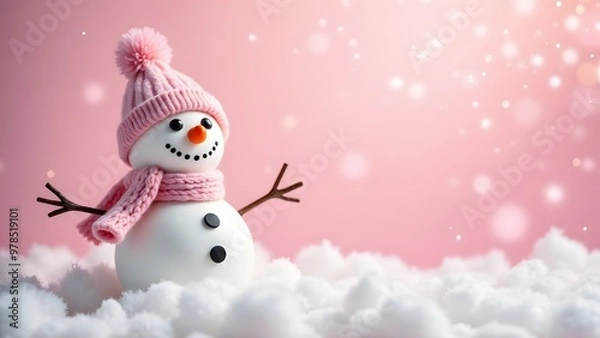 Fototapeta A snowman in a pink hat and scarf stands in the snow, with a soft pink bokeh background and falling snowflakes