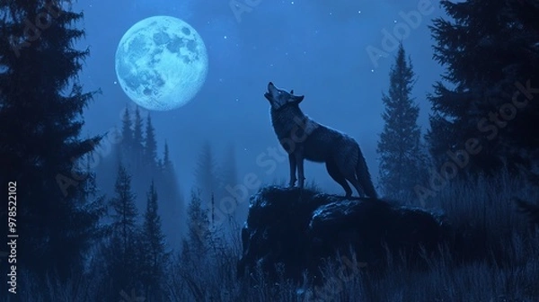 Fototapeta A lone wolf howling against a serene blue night sky in a majestic forest, exuding wildness and mystery in the moonlit wilderness. 