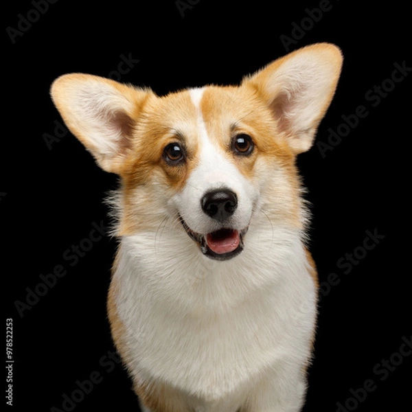 Fototapeta Portrait of Funny dog corgi pembroke in studio in front of black background