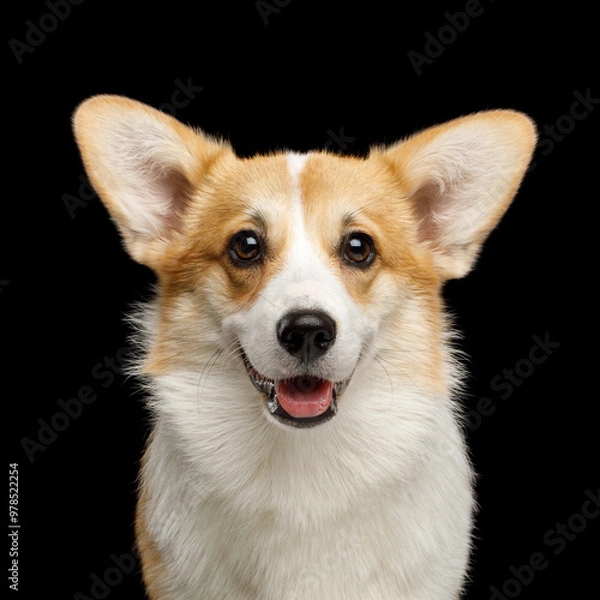 Fototapeta Portrait of Funny dog corgi pembroke in studio in front of black background