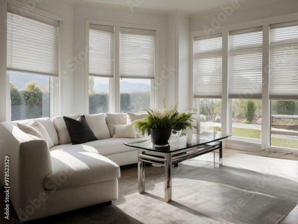Fototapeta White Sectional Sofa with Coffee Table in a Modern Living Room with Large Windows and Blinds