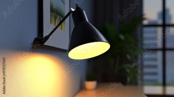 Fototapeta Stylish wall lamp illuminating a cozy interior space, adding warmth and elegance to a modern living room setting.