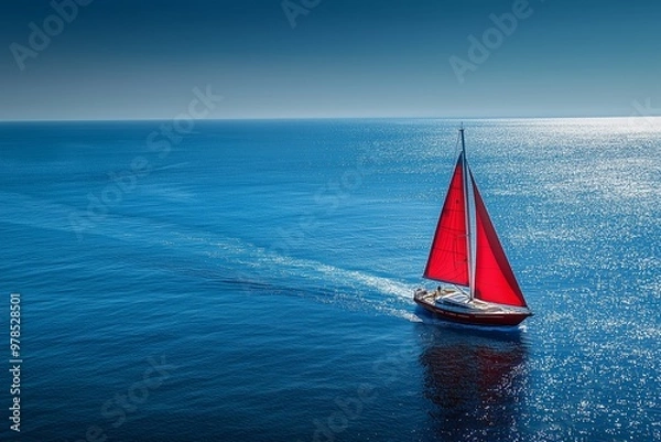 Obraz The red sailboat contrasts with the blue sea in sunshine