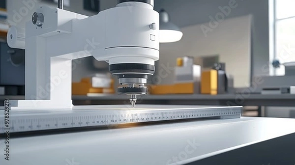 Fototapeta A close-up view of a modern microscope with advanced optics in a clean workspace, ideal for scientific and laboratory photography.