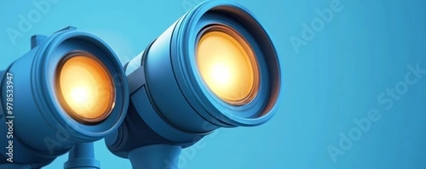 Fototapeta Close-up of two modern blue binoculars with bright lenses against a vibrant blue background, symbolizing clarity and focus.