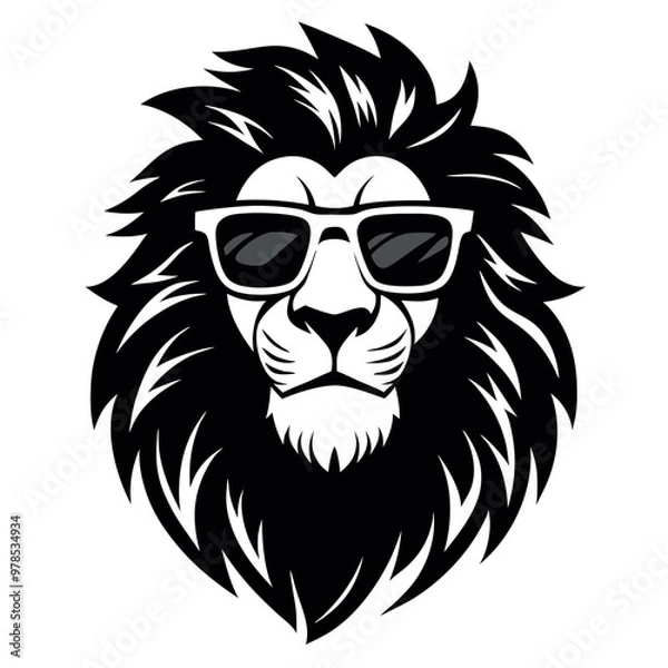 Fototapeta a black and white illustration of a lion's head. The lion has a fierce expression with its mane flowing in the wind. Its eyes are closed and its mouth is slightly open, as if it is snarling