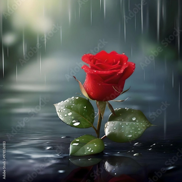 Fototapeta A single red rose adorned with raindrops glistening in the rain showcasing its vibrant color and delicate petals. generated ai