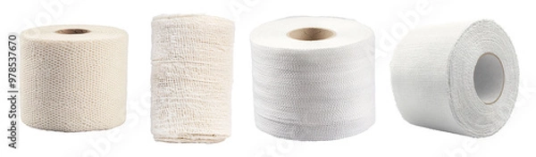 Fototapeta Four rolls of white fabric tape, showcasing different textures and thicknesses in a clean arrangement.