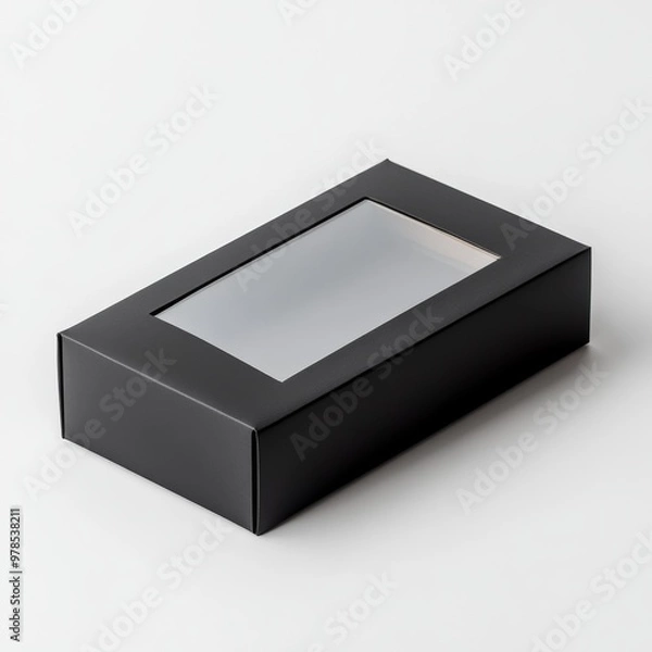 Obraz A sleek black rectangular packaging box with a clear window, set against a clean white background