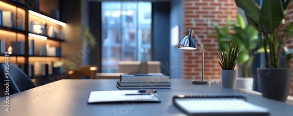 Fototapeta A modern workspace showcasing a neat desk with a light, notebooks, and decorative plants under soft ambient lighting.