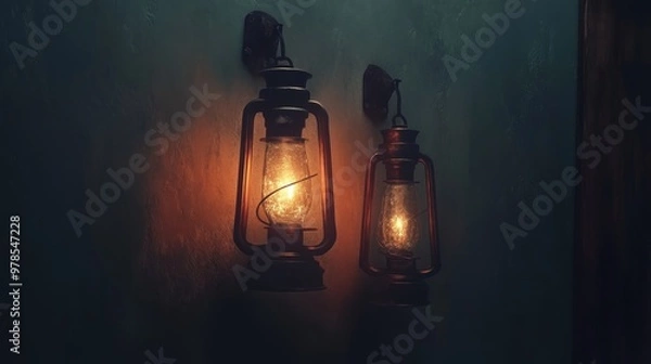 Fototapeta Two vintage lanterns illuminate a rustic wall, creating a warm and inviting atmosphere in a cozy space.
