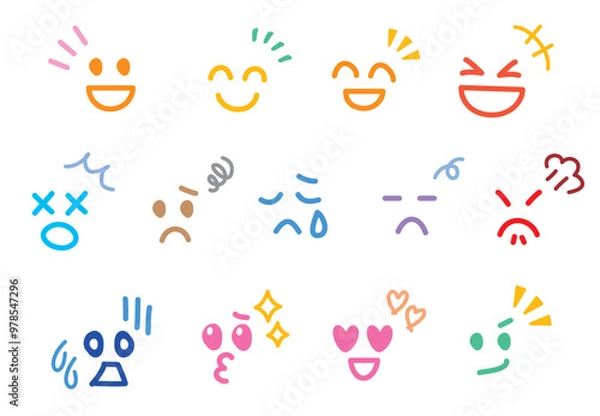 Fototapeta 喜怒哀楽の表情の手書きのかわいい絵文字・顔文字　輪郭なし　カラフル