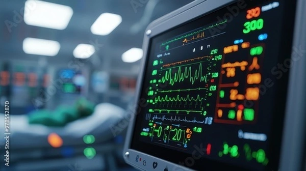 Fototapeta Close-up of a medical monitor displaying vital signs in a hospital room with a blurred patient in the background.