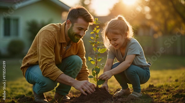 Fototapeta A father and his daughter plant a tree together, celebrating family traditions and strengthening their bond. This heartwarming scene is perfect for themes of family connections and shared values