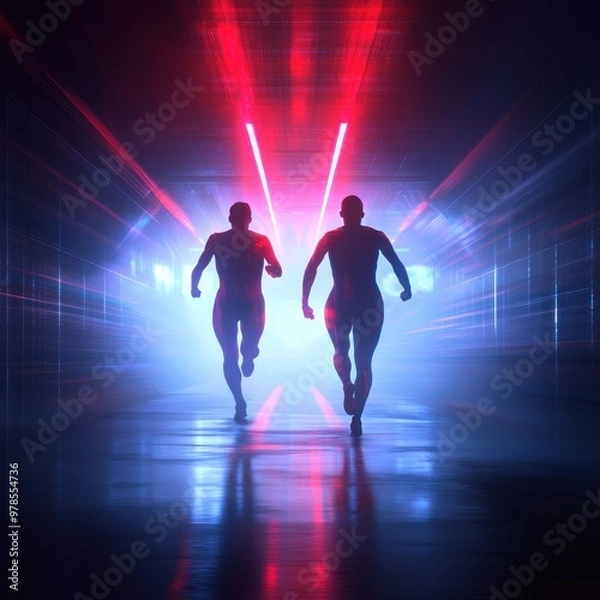 Fototapeta Dynamic silhouettes of two runners racing through a futuristic, illuminated corridor with vibrant laser lights.