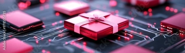 Fototapeta A close-up view of a computer circuit board with a gift box motif, symbolizing technology and innovation in a vibrant red color.